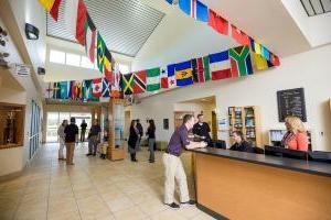 The lobby of the Emil Buehler Center